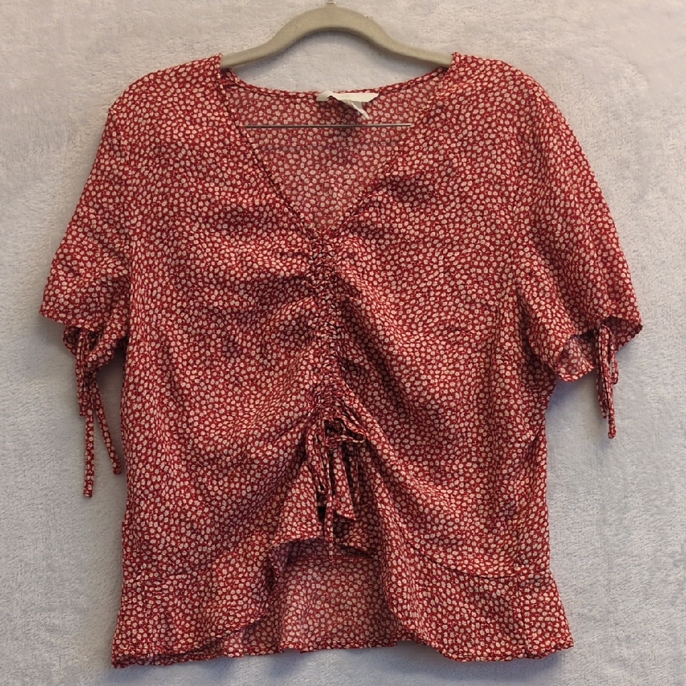 H&M‎ Women's Red & White Floral Ruched Shirt Size 12